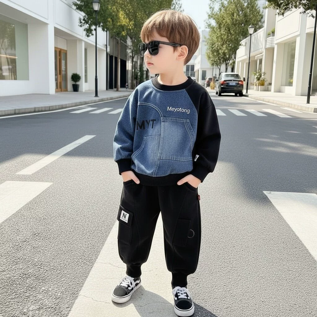 Kids’ sweatshirt and trousers set MYT26305 with denim panels, sizes 80–120 cm