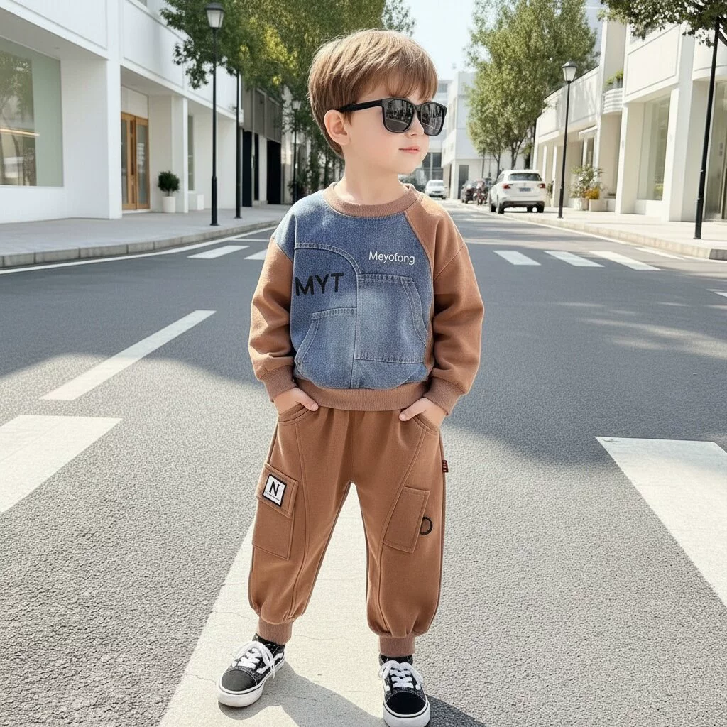 Kids’ sweatshirt and trousers set MYT26305 with denim panels, sizes 80–120 cm