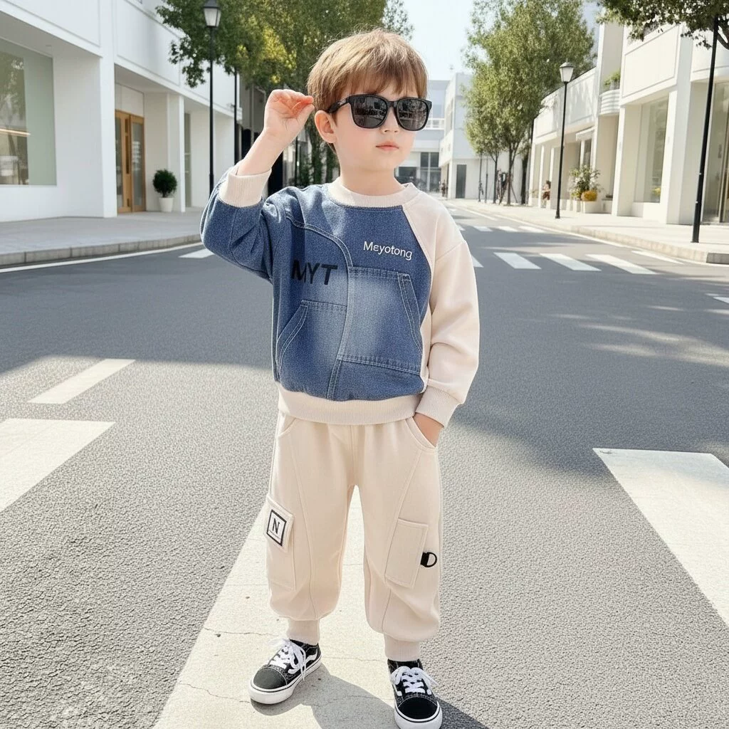 Kids’ sweatshirt and trousers set MYT26305 with denim panels, sizes 80–120 cm