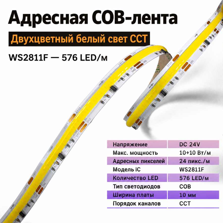 Адресная лента COB CCT WS2811F, 24 В, 576 LED/м, 10+10 Вт/м, без влагозащиты